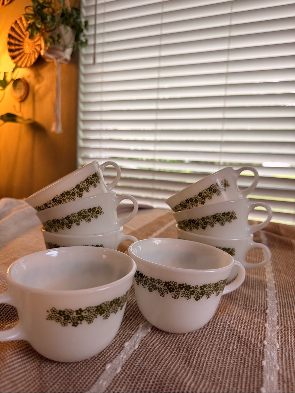 Pyrex Crazy Daisy White Milk Glass Cup  with Olive Green Floral Band - Set of 8